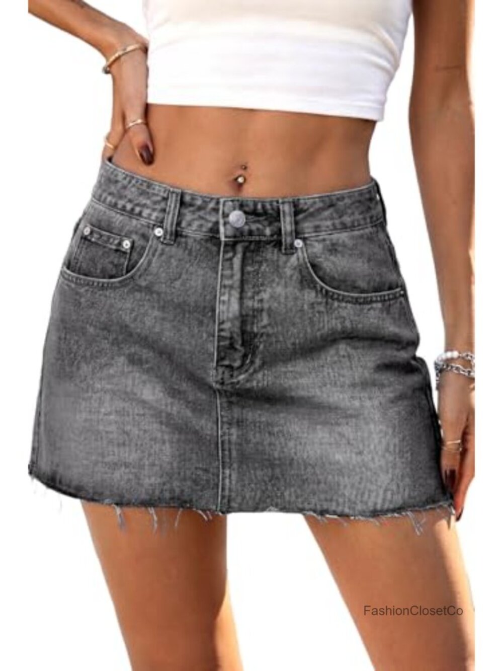 Low Waist Raw Hem Denim Mini Skirt Stretch Cotton Blend Pockets